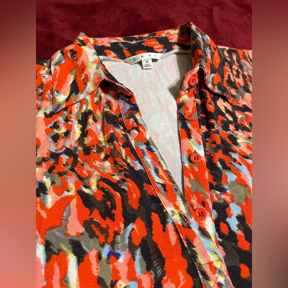 CAbi Multicolor Abstract Belted Shirt Dress Jersey Knit Collared Office Preppy - Picture 7 of 9
